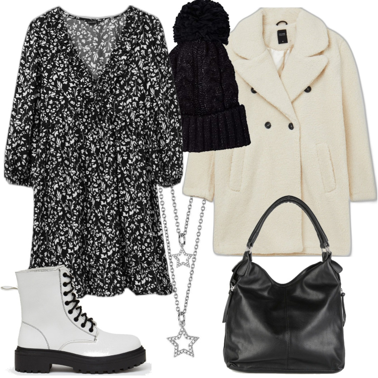 Outfit donna - FT - Urban B&W. Stile Urban per Tutti i giorni. Abbinamento con borse a spalla, collane, vestiti midi/longuette, cappotti, anfibi, cappelli.