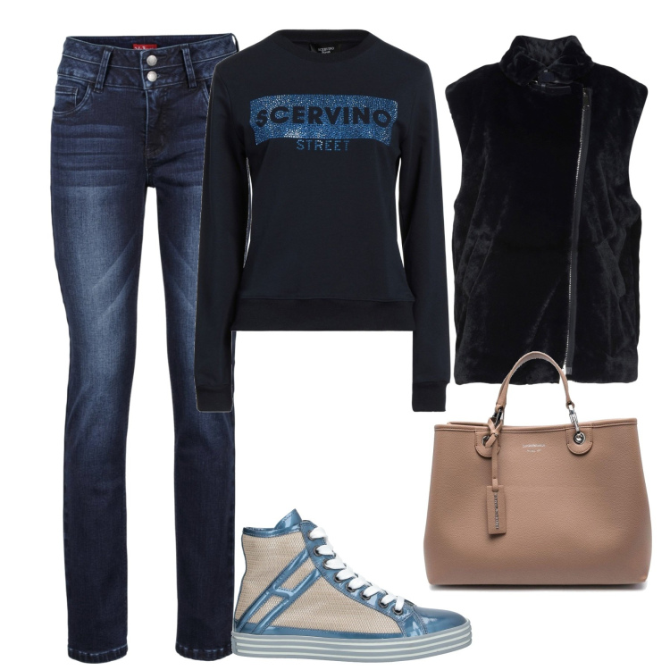 Outfit donna - In città. Stile Casual per Tutti i giorni. Abbinamento con jeans, felpe, sneakers, cappotti, shopping bag.