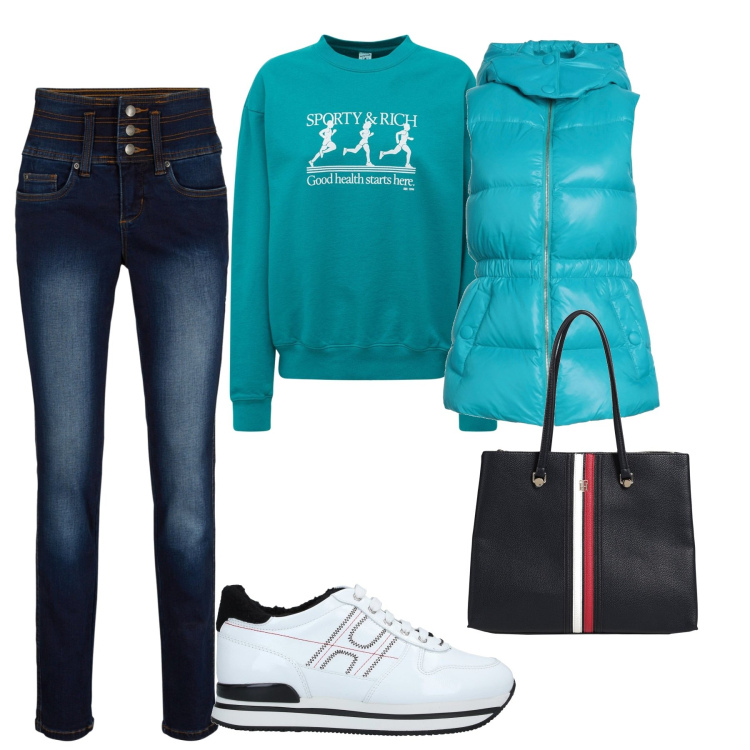 Outfit donna - In città. Stile Casual per Tutti i giorni. Abbinamento con sneakers, piumini, borse a mano, jeans, felpe.
