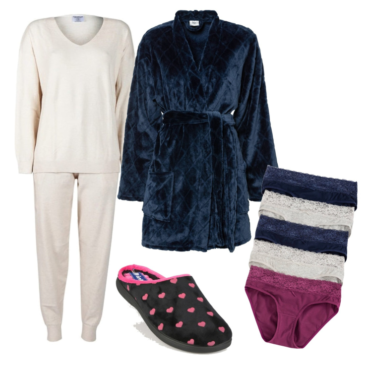 Outfit donna - Buonanotte. Stile Casual per Tutti i giorni. Abbinamento con culotte, vestaglie, pigiama, pantofole.