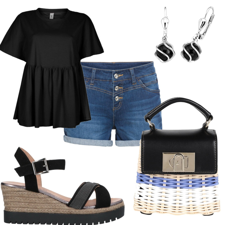 Outfit donna - Libera e comoda. Stile Casual per Tutti i giorni. Abbinamento con shorts, borse a mano, sandali in pelle, t-shirt, orecchini.