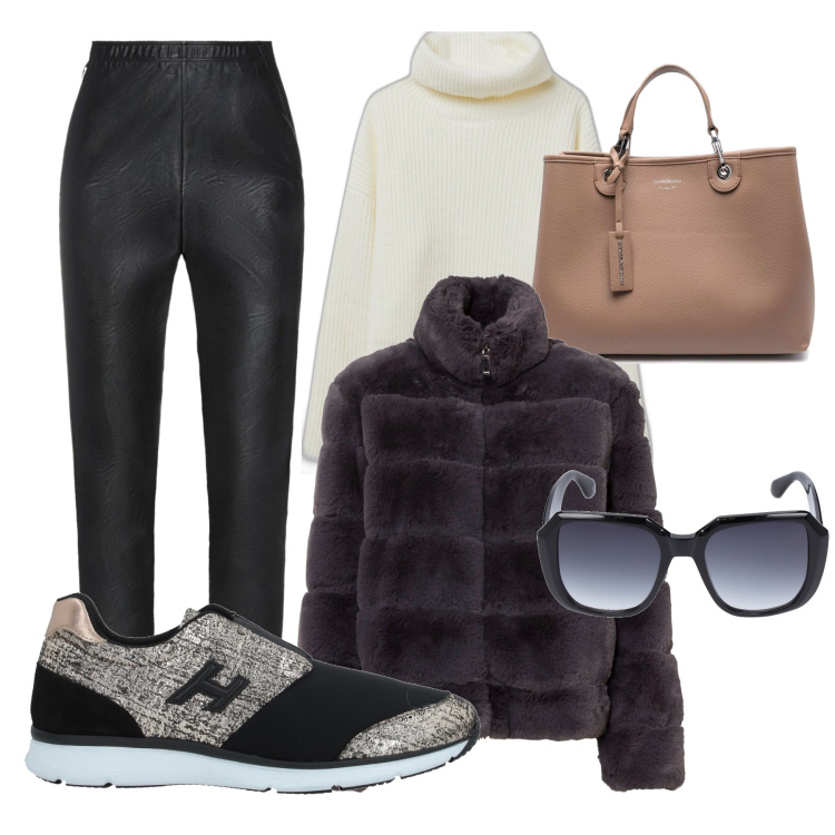Outfit donna - Pranzo con le amiche. Stile Casual chic per Tutti i giorni. Abbinamento con ecopellicce, sneakers, pantaloni, maglieria, shopping bag, occhiali da sole.