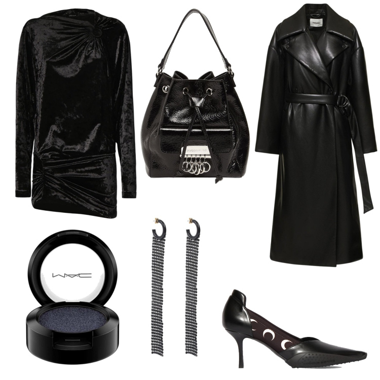 Outfit donna - Sexy total black grandi firme. Stile Sexy per Serata fuori. Abbinamento con vestiti, borse a spalla, cappotti, ombretti, orecchini, décolleté.