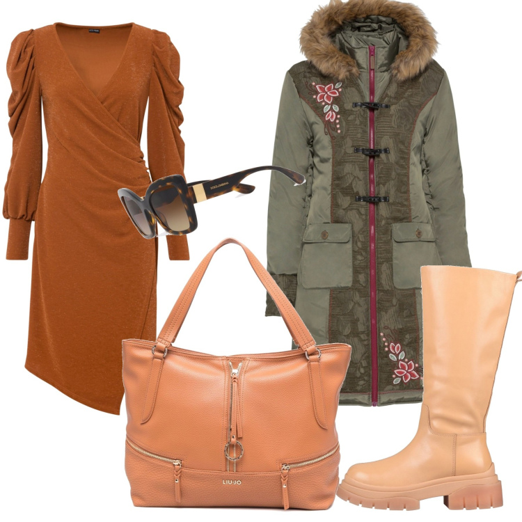 Outfit donna - Pratica anche con il vestito glitter. Stile Urban per Tutti i giorni. Abbinamento con cappotti, vestiti, stivali, borse a spalla, occhiali da sole.