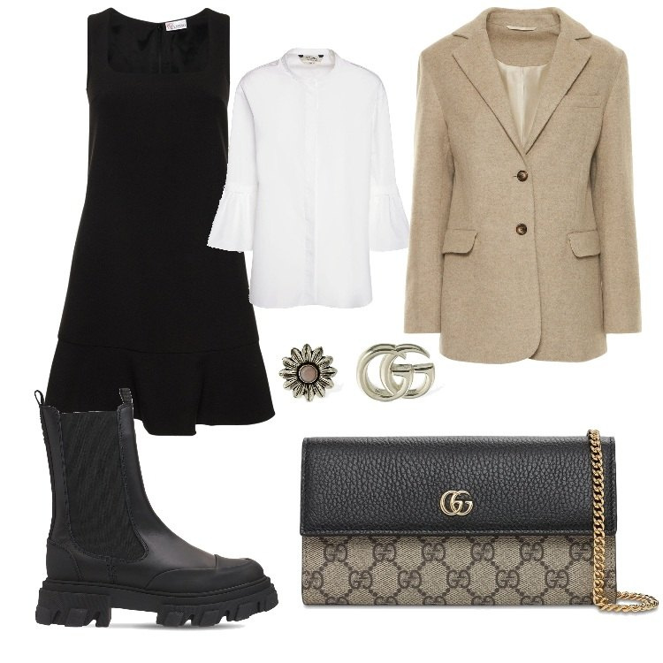 Outfit donna - Total look #1523629. Stile Casual chic per Tutti i giorni. Abbinamento con borse a spalla, vestiti, stivaletti chelsea, camicie, cappotti, orecchini.