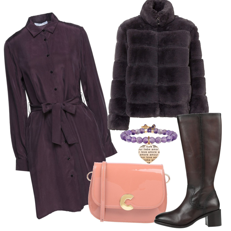 Outfit donna - Color melanzana. Stile Chic per Tutti i giorni. Abbinamento con ecopellicce, vestiti corti, stivali, borse a tracolla, braccialetti.