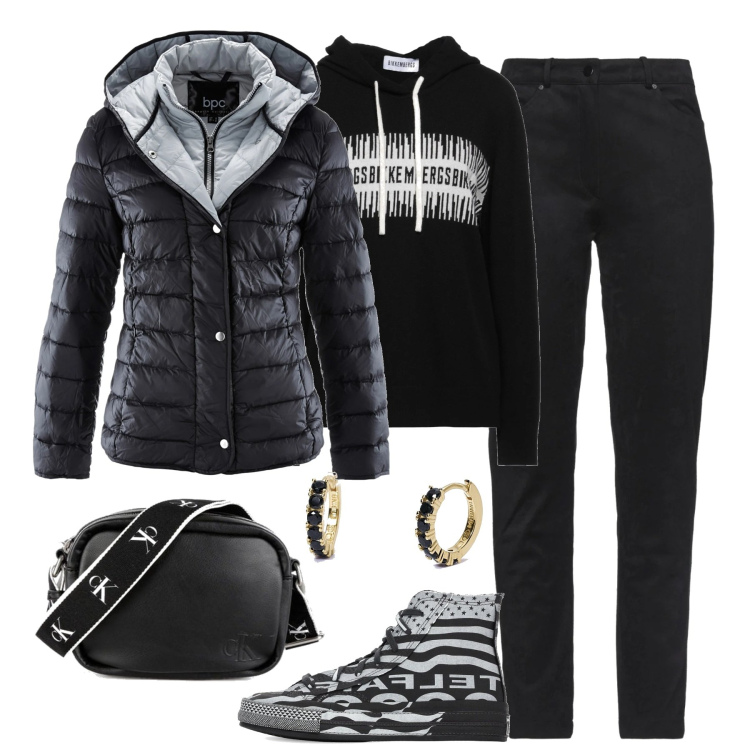 Outfit donna - In città. Stile Casual per Tutti i giorni. Abbinamento con piumini, pantaloni, pullovers, borse a tracolla, orecchini, sneakers.