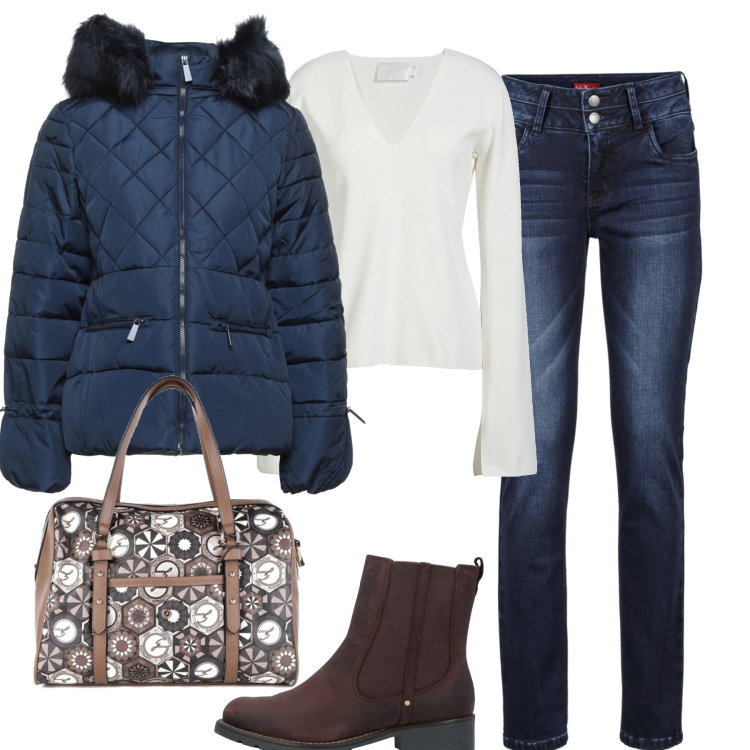 Outfit donna - In città. Stile Casual per Tutti i giorni. Abbinamento con jeans, stivaletti chelsea, piumini, pullovers, borse a mano.