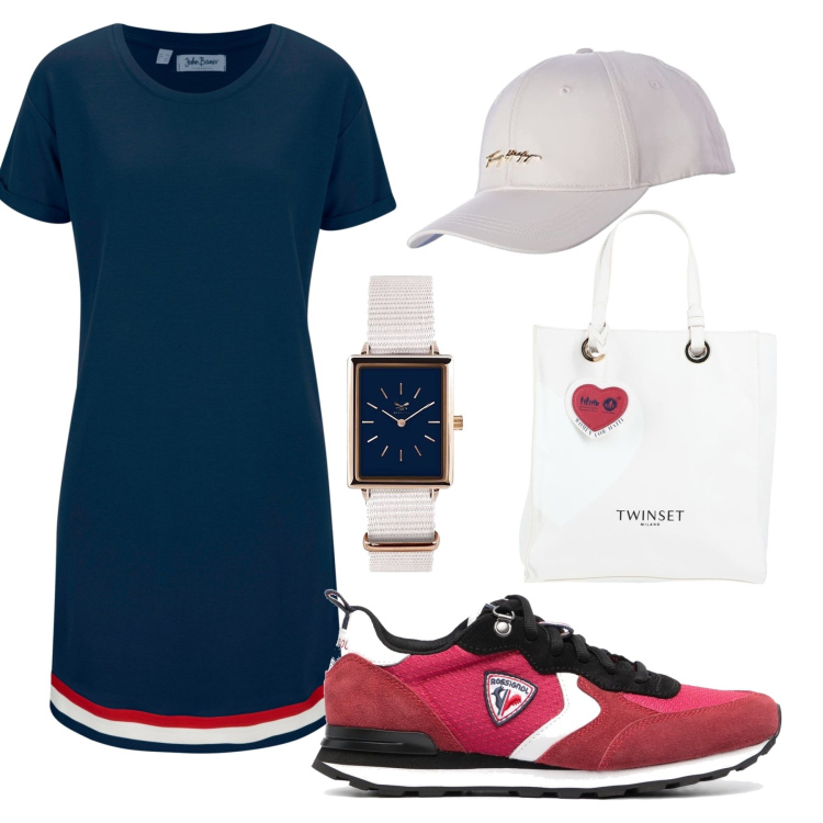 Outfit donna - In attesa dell’estate. Stile Sporty chic per Sport. Abbinamento con vestiti, borse a mano, orologi, sneakers, cappelli.