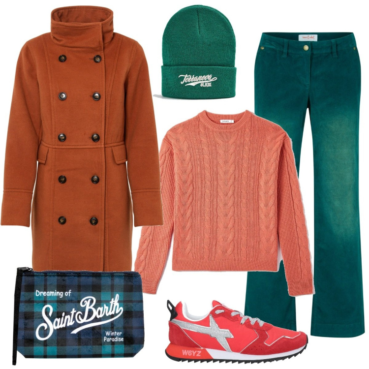 Outfit donna - Urban colorata. Stile Urban per Tutti i giorni. Abbinamento con pantaloni, cappotti, sneakers, maglieria, berretti, pochette.
