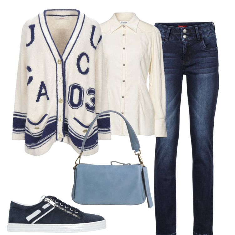 Outfit donna - In città. Stile Casual per Tutti i giorni. Abbinamento con jeans, cardigans, sneakers, camicie, borse a spalla.