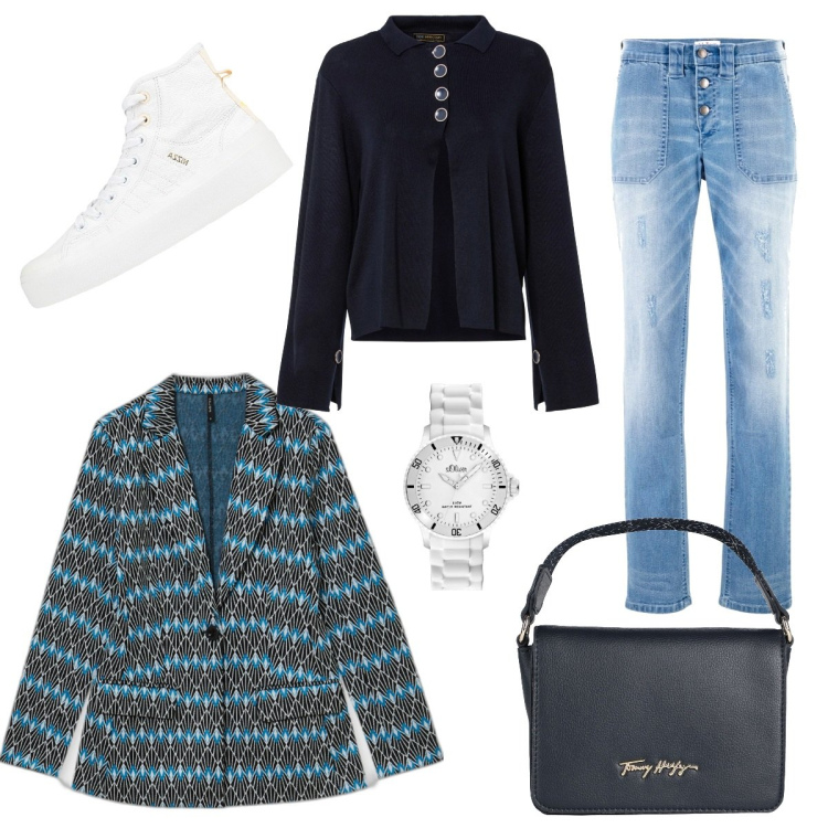 Outfit donna - Total look #1523950. Stile Casual per Scuola/Università. Abbinamento con jeans boyfriend, cardigans, borse a mano, sneakers, giacche, orologi.