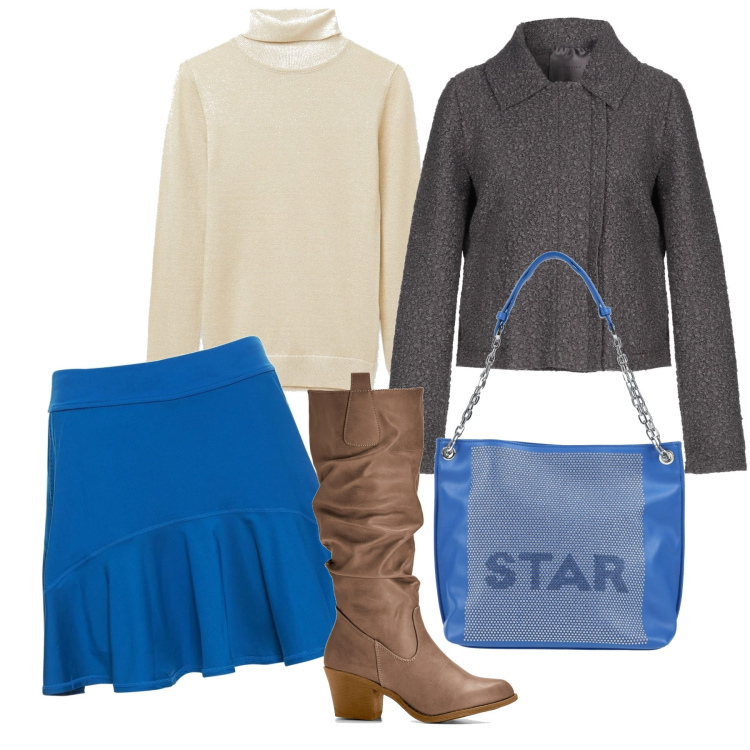 Outfit donna - Azzurro e burro. Stile Urban per Tutti i giorni. Abbinamento con stivali, borse a spalla, cappotti, maglieria, gonne.