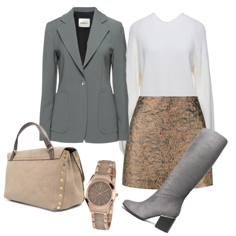 Outfit donna - Il bronzo di giorno. Stile Chic per Tutti i giorni. Abbinamento con stivali, blazer, pullovers, minigonne, borse tote, orologi.