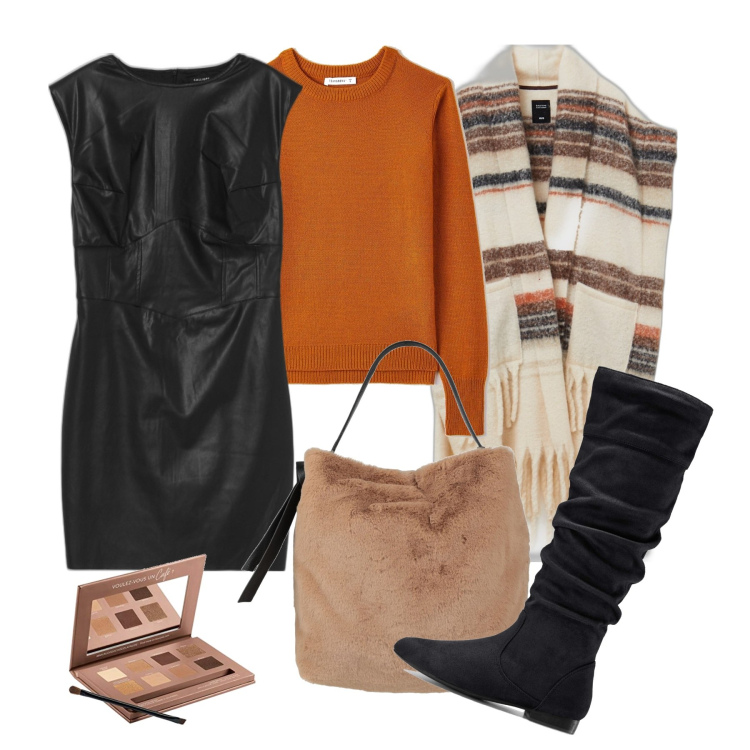 Outfit donna - Il pull sotto l\'abito. Stile Chic per Tutti i giorni. Abbinamento con stivali, borse a mano, maglieria, cappotti, vestiti corti, blush.