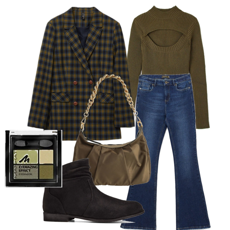Outfit donna - Scollo audace casual. Stile Casual chic per Tutti i giorni. Abbinamento con stivaletti, borse a spalla, maglieria, jeans, blazer, ombretti.