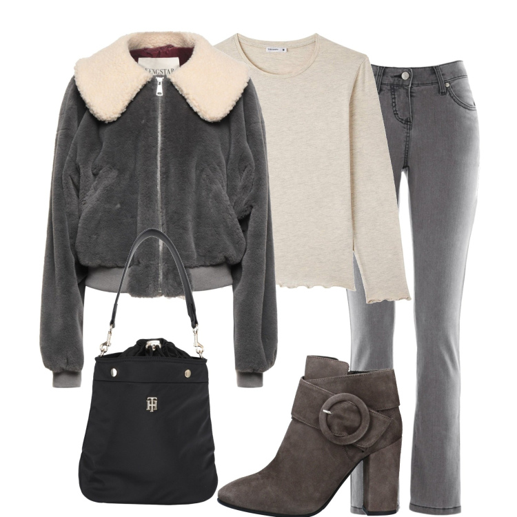 Outfit donna - In città. Stile Casual per Tutti i giorni. Abbinamento con jeans slim fit, cappotti, stivaletti, borse a mano, t-shirt.