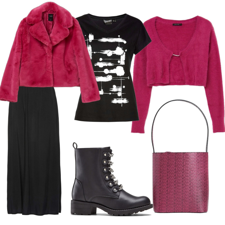 Outfit donna - Urban color. Stile Urban per Tutti i giorni. Abbinamento con t-shirt, gonne lunghe, stivaletti, borse a mano, ecopellicce, cardigans.