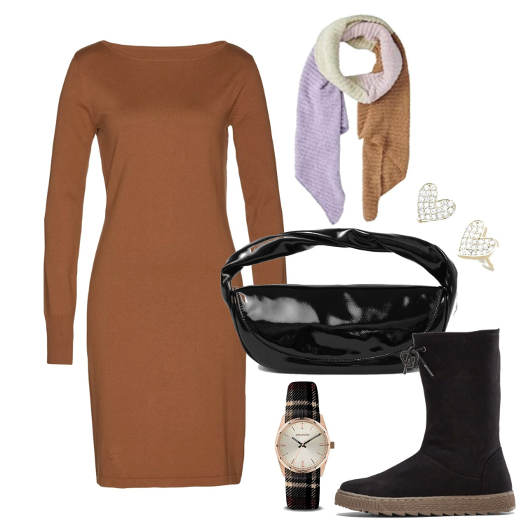 Outfit donna - Minimal tabacco. Stile Minimal per Tutti i giorni. Abbinamento con stivali, vestiti, orecchini, pochette, sciarpe, orologi analogici.