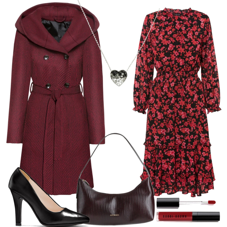 Outfit donna - Rosso San Valentino. Stile Chic per Serata fuori. Abbinamento con cappotti, vestiti corti, collane, décolleté, borse a mano, gloss.