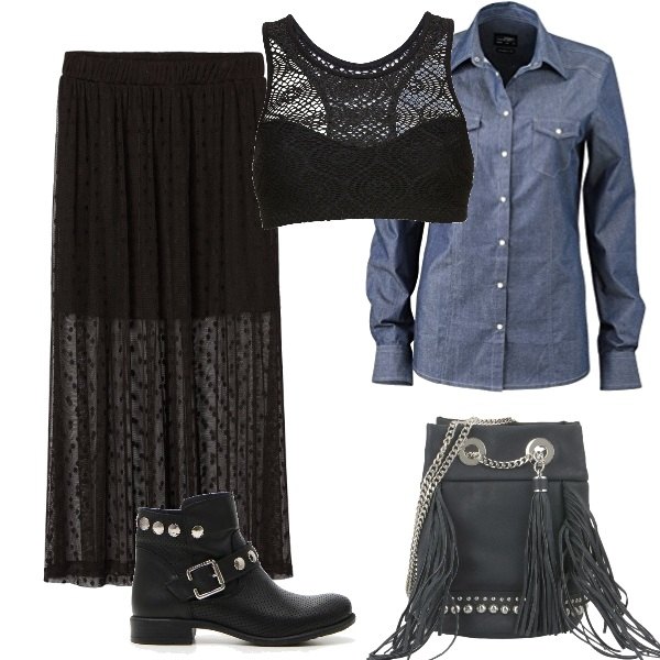 Outfit donna - Concerto rock. Stile Rock per Serata fuori. Abbinamento con top, borsa a spalla mini con frange e zip interno foderato in pelle sintetica tinta unita, gonna nero, stivaletti, blusa blu.