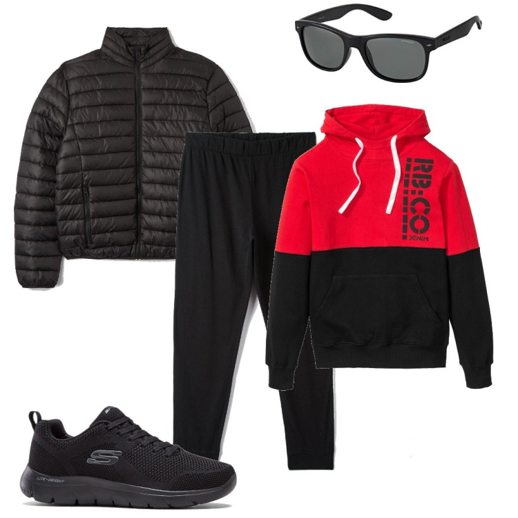 Outfit uomo - Comodo low cost. Stile Urban per Tutti i giorni. Abbinamento con felpe con cappuccio, sneakers, pantaloni, cappotti, occhiali da sole.