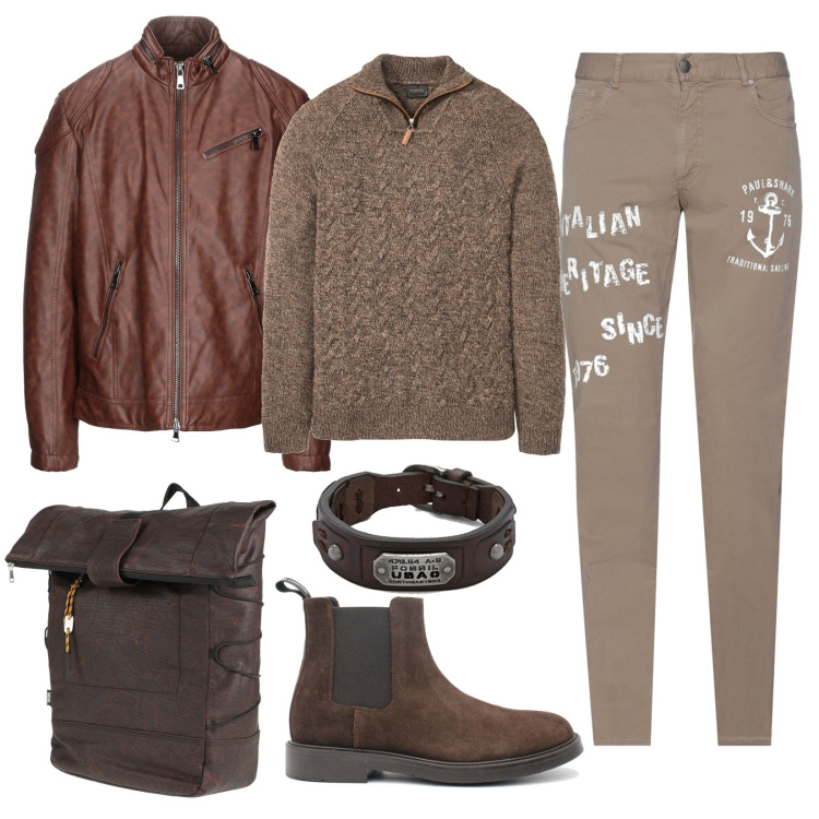 Outfit uomo - Brown rocker. Stile Biker Rock per Ufficio. Abbinamento con maglieria, giacche, pantaloni, borse sportive, stivali e stivaletti, braccialetti.