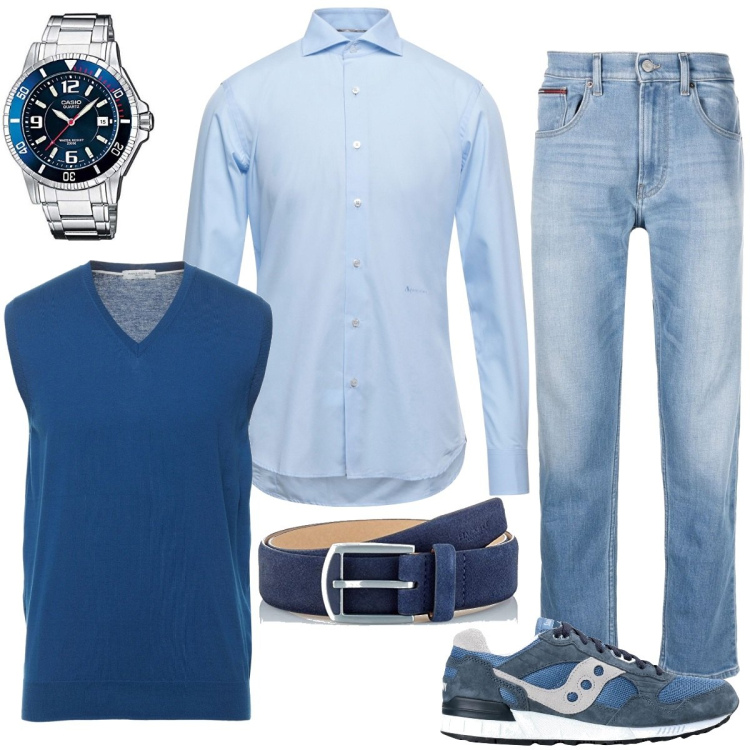 Outfit uomo - Ufficio casual. Stile Casual per Ufficio. Abbinamento con jeans dritti, sneakers, camicie, pullovers, cinture, orologi.