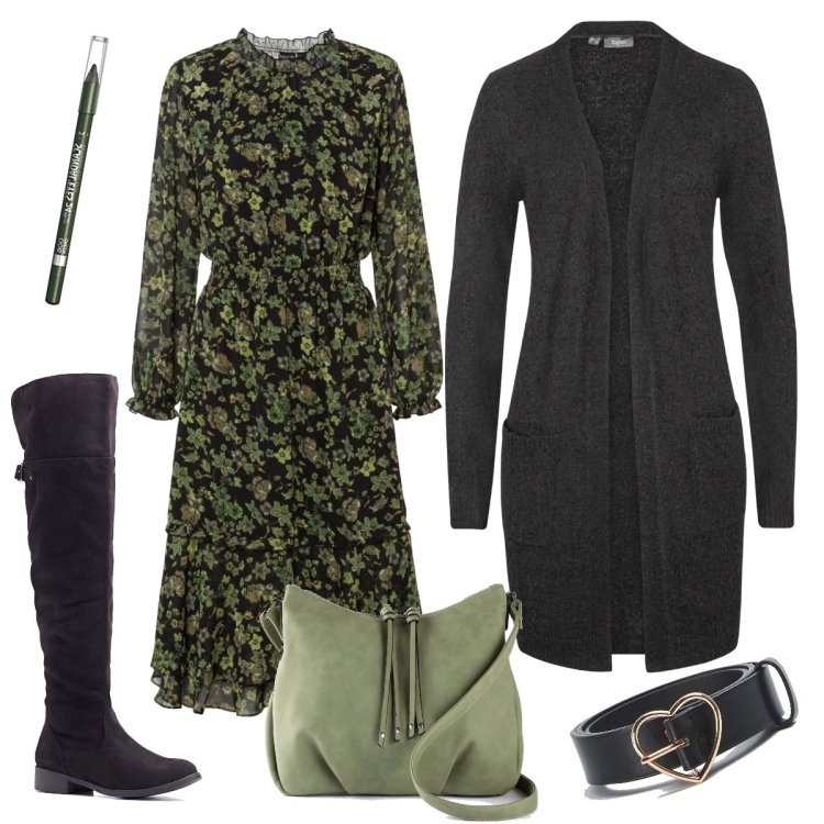 Outfit donna - In verde. Stile Casual per Tutti i giorni. Abbinamento con cardigans, vestiti corti, borse a tracolla, stivali sopra il ginocchio, cinture, eyeliner.