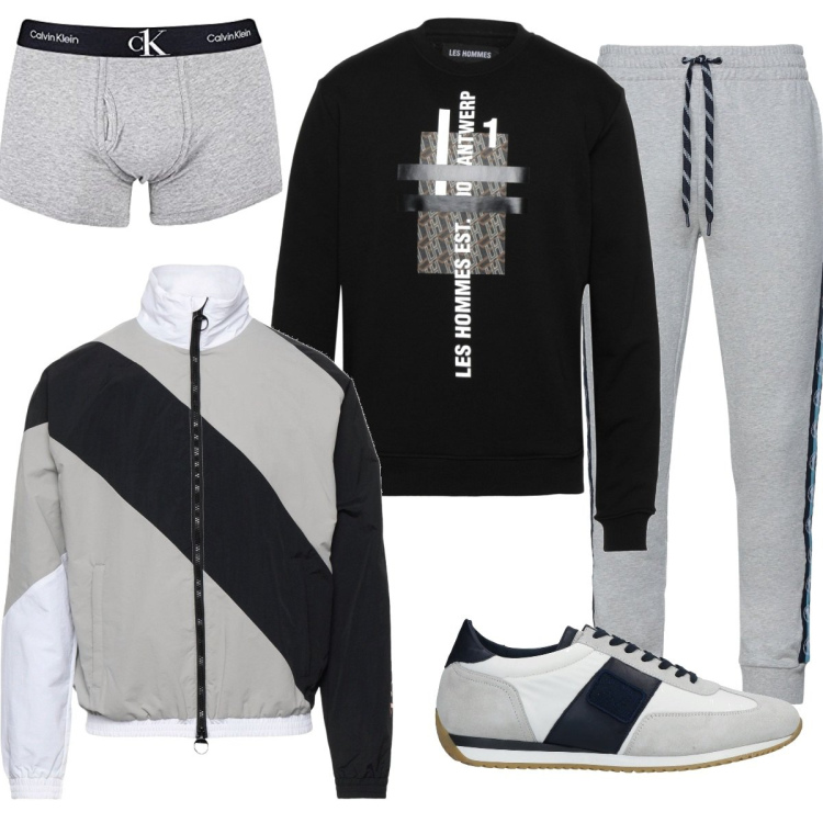Outfit uomo - Bianco grigio nero. Stile Urban per Tutti i giorni. Abbinamento con giacche, pantaloni, sneakers, felpe, boxer.