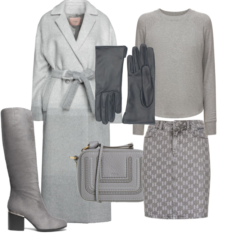 Outfit donna - Grigio in nuance. Stile Basic per Tutti i giorni. Abbinamento con stivali, cappotti, borse a tracolla, gonne, felpe, guanti.