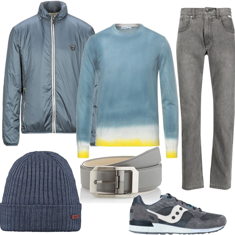 Outfit uomo - Sfumature. Stile Casual per Tutti i giorni. Abbinamento con jeans dritti, piumini, pullovers, sneakers, cinture, berretti.