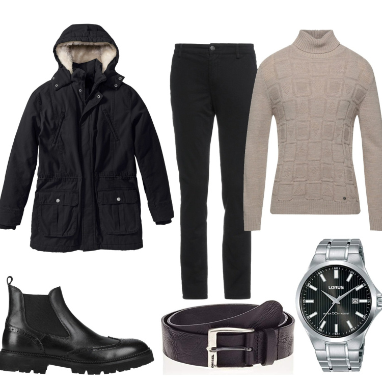 Outfit uomo - Mi vesto caldo e comodo. Stile Urban per Tutti i giorni. Abbinamento con parka, stivali e stivaletti, pantaloni, maglieria, orologi analogici, cinture.