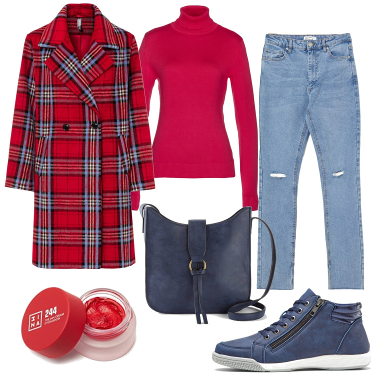 Outfit donna - Cappotto a quadri. Stile Urban per Tutti i giorni. Abbinamento con sneakers alte, cappotti, borse a tracolla, maglieria, jeans strappati, ombretti.