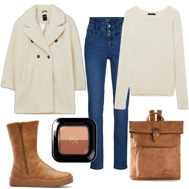 Outfit donna - Casual #2348. Stile Casual per Scuola/Università. Abbinamento con zaini, stivali, jeans slim fit, maglieria, cappotti, ombretti.