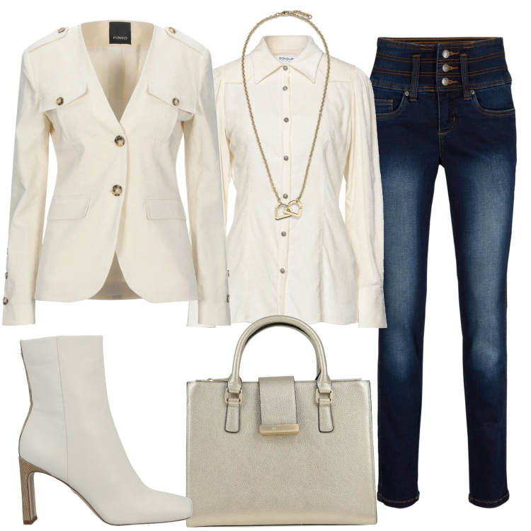 Outfit donna - Il blazer con il jeans. Stile Bon Ton per Tutti i giorni. Abbinamento con blazer, camicie, borse a mano, stivaletti, jeans, collane.