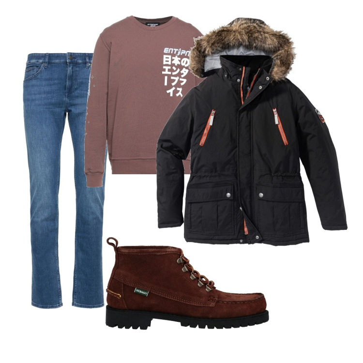 Outfit uomo - Casual #2560. Stile Casual per Tutti i giorni. Abbinamento con parka, stivali e stivaletti, felpe, jeans.