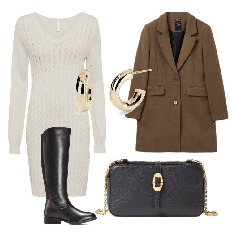 Outfit donna - Pranzo con le amiche. Stile Urban per Tutti i giorni. Abbinamento con vestiti, stivali, orecchini, cappotti, borse a tracolla.