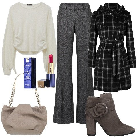 Outfit donna - Un pantalone di tendenza. Stile Glamour per Tutti i giorni. Abbinamento con pantaloni a palazzo, cappotti, stivaletti, borse a mano, maglieria, rossetti.
