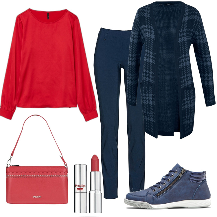 Outfit donna - Pupa lip. Stile Urban per Tutti i giorni. Abbinamento con sneakers alte, pantaloni, cardigans, borse a mano, bluse, rossetti.
