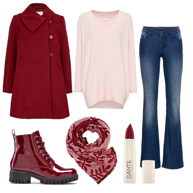 Outfit donna - Foulard urban. Stile Urban per Tutti i giorni. Abbinamento con jeans bootcut, cappotti, maglieria, stivaletti, sciarpe, rossetti.