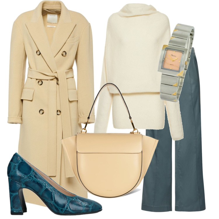 Outfit donna - Il bon ton in ufficio. Stile Basic per Ufficio. Abbinamento con décolleté, vestiti midi/longuette, pantaloni, borse a spalla, orologi, cappotti.