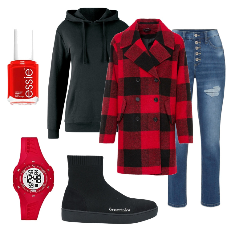 Outfit donna - Urban #1229. Stile Urban per Tutti i giorni. Abbinamento con felpe con cappuccio, cappotti, jeans boyfriend, sneakers, smalti, orologi.