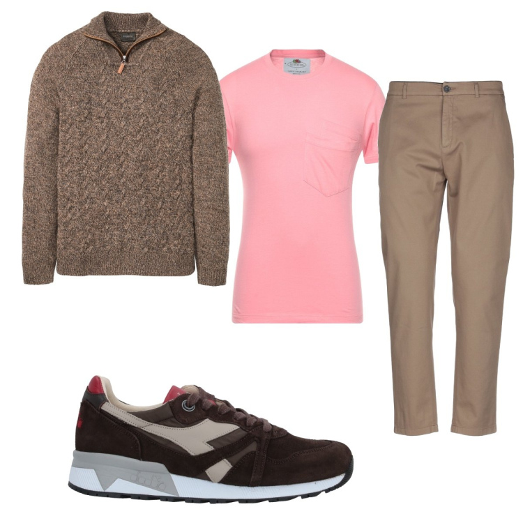 Outfit uomo - T-shirt rosa. Stile Casual per Tutti i giorni. Abbinamento con maglieria, pantaloni, t-shirt, sneakers.