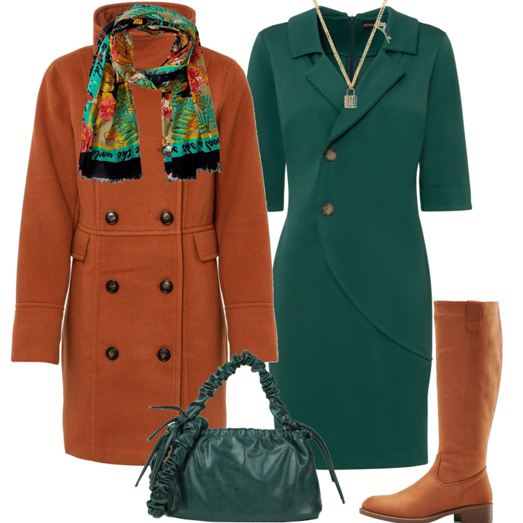 Outfit donna - Il vestito verde. Stile Casual chic per Tutti i giorni. Abbinamento con stivali, vestiti, cappotti, collane, borse a mano, sciarpe.