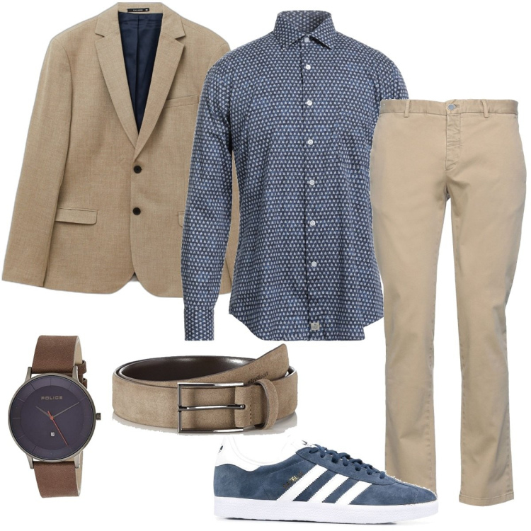 Outfit uomo - Casual beige e blu. Stile Casual per Ufficio. Abbinamento con giacche, sneakers, camicie, pantaloni, cinture, orologi.