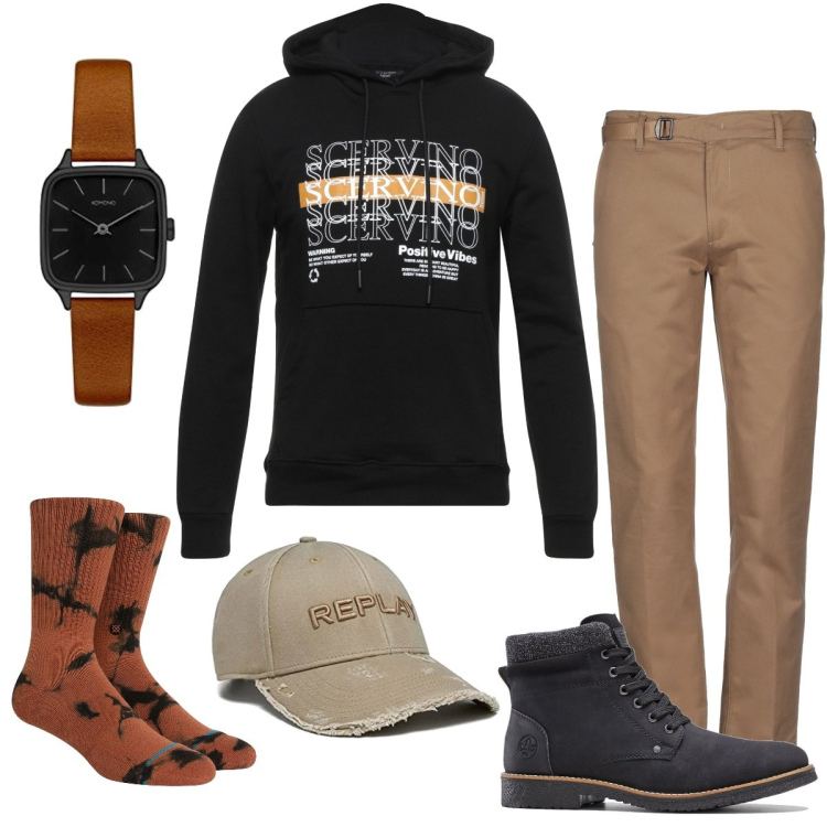 Outfit uomo - Felpa nera e toni marroni. Stile Casual per Tutti i giorni. Abbinamento con felpe con cappuccio, jeans dritti, stivali e stivaletti, cappelli con visiera, orologi analogici, calzini.
