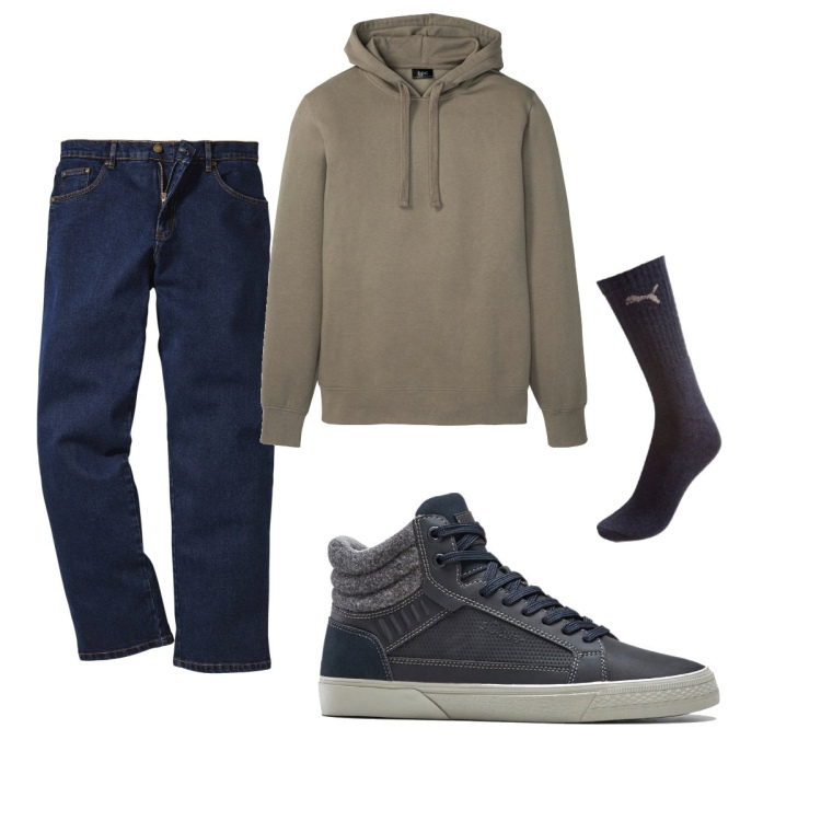 Outfit uomo - Casual #2721. Stile Casual per Tutti i giorni. Abbinamento con jeans dritti, sneakers alte, felpe con cappuccio, calzini.