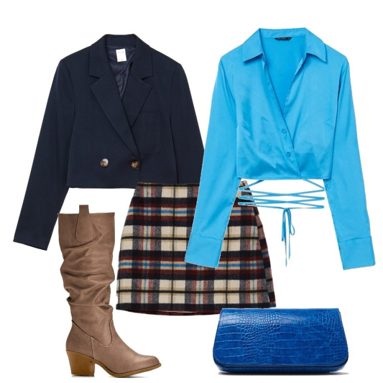 Outfit donna - Con la giacchina blu. Stile Preppy per Serata fuori. Abbinamento con stivali, camicie, borse a spalla, minigonne, blazer.