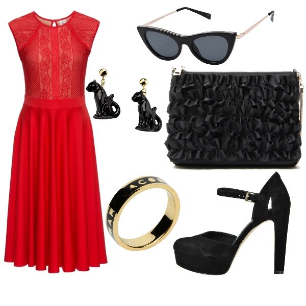Outfit donna - Gatta da Coupé. Stile Sexy per Serata fuori. Abbinamento con vestito, occhiali da sole, orecchini con farfallina in ottone, anello in ottone, pochette con ruches e zip con tasca interna, scarpe.